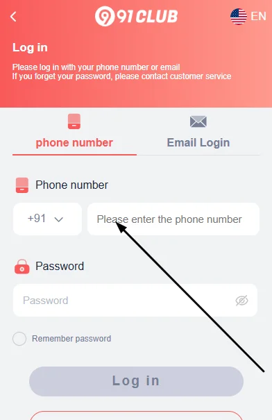 Enter your registered mobile number for 91 club
